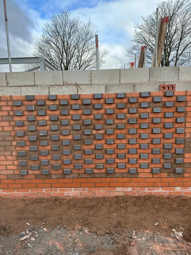 Feature garden wall in orange brick with projecting blue-black headers laid in a chequer pattern